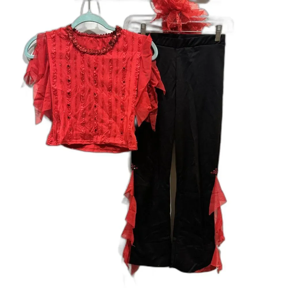 Vintage Curtain Call Costumes Red Sequin Ruffle Set Pants Top Dance Child Large
